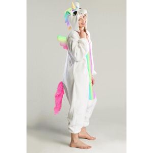 KIMU Onesie Regenboog Pegasus Pak - Maat 128-134 - Eenhoornpak Kostuum Eenhoorn Unicorn Wit - Kinder Dierenpak Huispak Jumpsuit Pyjama Meisje Festival