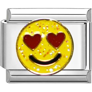 Quiges - Schakel - Bedel - 9mm - charms - Kleurrijk - Smiley met hartjes - Geschikt voor - Nomination- armband - Schakelarmband - italy bedels armband