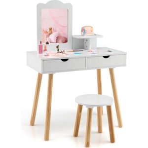 COSTWAY Make-uptafelset voor kinderen, 2-in-1 kaptafel, bureau en kruk met afneembare spiegel, 2 laden, kam, houten kaptafel voor meisjes van 3 tot 7 jaar