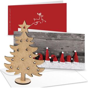 Kerstkaarten - Set van 10 - Rood, wit, grijs - DIN lang 105 x 21 cm + enveloppen + mini-kerstboom van hout - Cadeaukaart