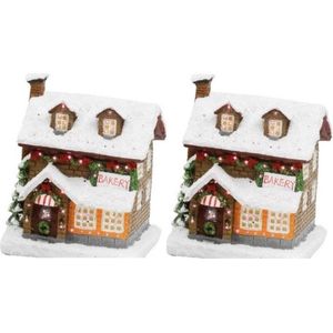 2x stuks kerstdorp kersthuisjes bakkerijen met verlichting 9 x 11 x 12,5 cm - Kerstversiering/kerstdecoratie