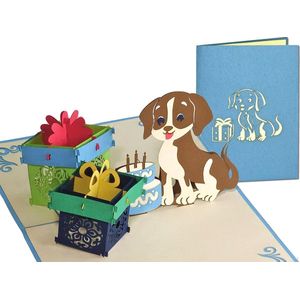 Popcards popupkaarten – Hond met 3 Kaarsjes Taart en Cadeautjes Kinderen Verjaardag Felicitatie pop-up kaart 3D wenskaart
