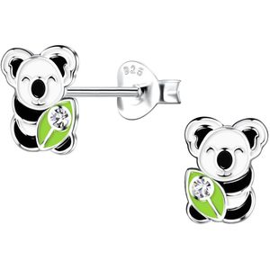 Joy|S - Zilveren koala oorbellen - 6 x 8 mm - zwart wit met groen bamboe blad - kristal - kinderoorbellen