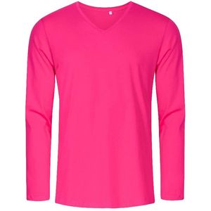 Helder roze t-shirt lange mouwen en V-hals, slim fit merk Promodoro maat M