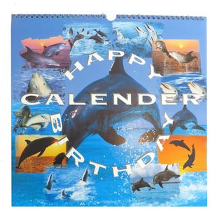 Verjaardagskalender Dolfijn. Kalender voor verjaardag met afbeeldingen van dolfijnen. 12 maanden. 33 x 33 cm.
