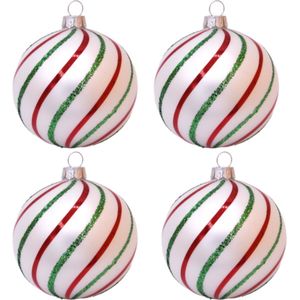 Chique Witte Kerstballen met Rode & Groene Gedraaide Lijnen - Doosje van vier kerstballen van glas 8 cm