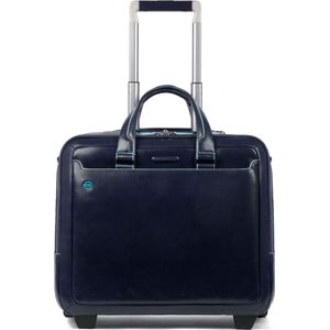 Piquadro Blauwe vierkante 2-wiel Business Trolley Leer 37 cm Laptopcompartiment