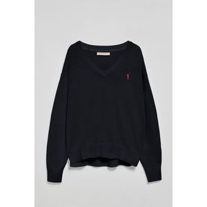 Sweter z dzianiny w kolorze granatowym, z dekoltem w szpic i wyszywanym logo Rigby Go