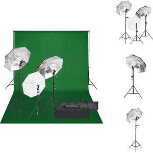vidaXL Fotostudio Set - Verlichtingsset met 3 Paraplus - Flexibel Achtergrondsysteem - 5500 Kelvin - 84 cm Paraplu Diameter - Aluminium Statieven - 500 x 300 cm Groene Achtergrond - Draagtas - Fotostudio Set