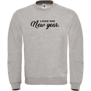 Kerst sweater grijs S - A fuckin' good new year - zwart - soBAD. | Kerst | Foute kerst trui | Sweater unisex | Sweater mannen | Sweater vrouwen | Nieuwjaar | Feest | Glitter