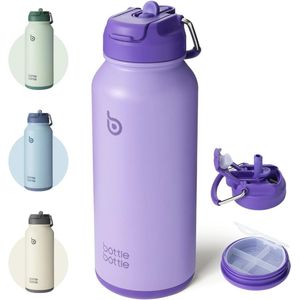 Geïsoleerde Roestvrijstalen Waterfles 950 ml met Rietje en Handvat - Sportdrinkfles met Pillendoosje