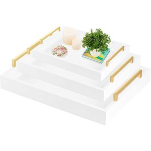 Houten dienblad met gouden handvat, 3-pack groot voedseldienblad gebruikt voor feest schoot bed salontafel decoratief dienblad voor parfum sieraden ijdelheid snuisterij ideaal voor ontbijt diner