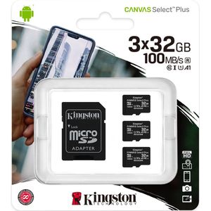 Kingston Canvas Select Plus 3 Pack Micro SD Kaart 10 UHS-I 16GB Opslagcapaciteit - inclusief SD adapter