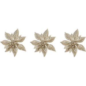 6x stuks decoratie bloemen kerststerren champagne glitter op clip 15 cm - Decoratiebloemen/kerstboomversiering
