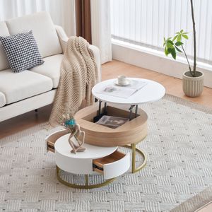 Set van 2 Nesting Coffee Table - opvouwbare ronde salontafel - gouden poten - bijzettafel met 2 laden - afmeting 70cm en 60cm - wit en natuurlijke kleur