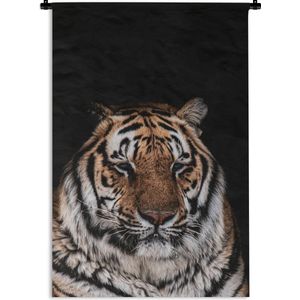 Wandkleed TijgerKerst illustraties - Slaperige tijger op een zwarte achtergrond Wandkleed katoen 90x135 cm - Wandtapijt met foto