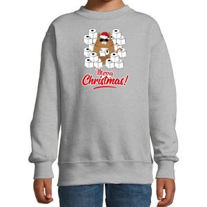 Foute Kerstsweater / Kerst trui met hamsterende kat Merry Christmas grijs voor kinderen- Kerstkleding / Christmas outfit 122/128