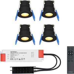 HOFTRONIC Milano - 4x Zwarte LED Inbouwspots - Traploos dimbaar met RF-afstandsbediening - Zwart - IP65 Waterdicht - 2700K Extra warm wit - 3W CREE LEDs 12V - Verandaverlichting - Plafondspotjes badkamer - Voor Veranda, Carport en Badkamer