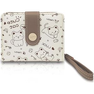Cute Cat Pattern Women's Purse with 5 Cards and ID Window, PU Leather Wallet for Cards Coins Keys - Brown Modern