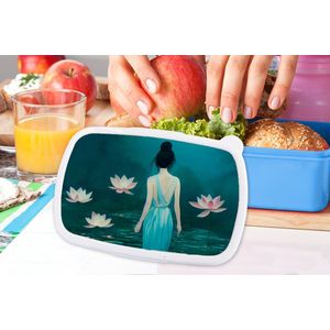 Broodtrommel Blauw - Lunchbox - Brooddoos - Vrouw - Portret - Water - Bloemen - Lelie - 18x12x6 cm - Kinderen - Jongen