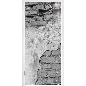 Deursticker Muur - Baksteen - Beton - Zwart - Wit - 75x205 cm - Deurposter