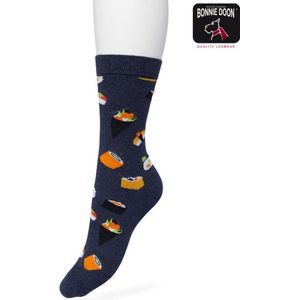 Bonnie Doon Dames Sokken met Sushi Print maat 36/42 Donker Blauw - Thema Sokken - Sushi - Cadeau Sokken - Zacht Katoen met Gladde Teennaad - Comfortabel - Perfect Cadeau - Jeans Heather - BT991129.108