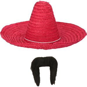 Carnaval verkleed set - Mexicaanse sombrero hoed dia 49 cm met plaksnor - rood - heren