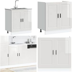 vidaXL Spoelbakonderkast Porto 80x46x81,5cm bewerkt hout hoogglans wit - Spoelbak Onderkast - Spoelbak Onderkasten - Keuken Onderkast - Gootsteen Onderkast