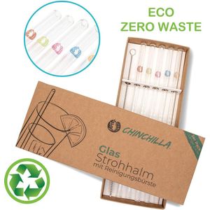 Chinchilla Zero Waste - Set van 5 rietjes 23 cm transparant met logo's - herbruikbare en plastic vrije rietjes van BPA-vrij laboratoriumglas + reinigingsborstel - duurzaam - zero waste - rietjes herbruikbaar - rietjes glas - glazen rietjes