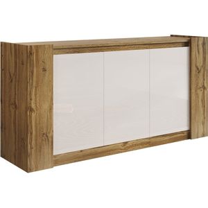 Sideboard opbergkast zijkast met kleurveranderende LED-verlichting 3 deuren zachtdicht scharnieren en verstelbare planken Ontwerp zonder handgrepen gedeeltelijk hoogglansoppervlakte 150x40x70,5 cm Kombinatie van houten kleur en wit