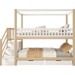 Merax Kinderen stapelbed in Huisvorm 90x200 cm - Massief Hout - Wit + Houtlook - Met Veiligheidshekje - Opberglades en Ladder