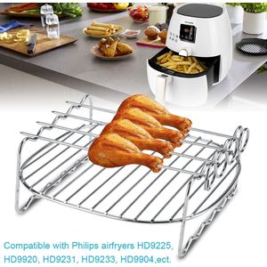 Airfryer 2-laags Rek, Airfryer Dubbellaags Rek, Multifunctionele Airfryer-accessoires met Spiesjes Roestvrijstalen Airfryer-grillpan Compatibel met Philips Airfryers HD9225, HD9920, HD9231