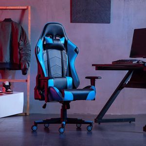 Gamingstoel, racing-gamer stoel met hoofdsteun en lendensteun, ergonomische computerstoel, bureaustoel met hoge rugleuning, draaistoel, kunstleer PU sportzitting, blauw