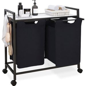 Wasmand 2 compartimenten, wasmand met plank, wasbox met wielen, 100L afneembare waszak van Oxford-stof, metalen frame met 4 haken, wit en zwart