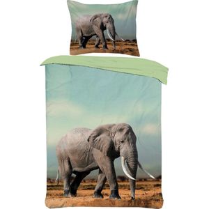 Dekbedovertrek Set-Antraciet Grijs-Groen- met grote olifant- Eenpersoons -140 x 220-cm + 1 kussensloop 60x70cm