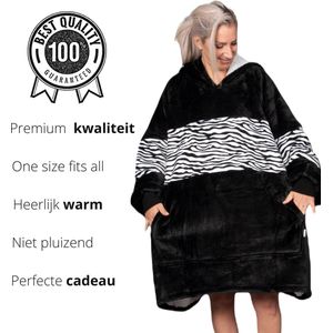 Q-Living Hoodie Deken - Extra Lang & Dik - Snuggie - Plaid Met Mouwen - Snuggle Hoodie - Fleece Deken Met Mouwen - 1450 gram - Zwart/Zebra