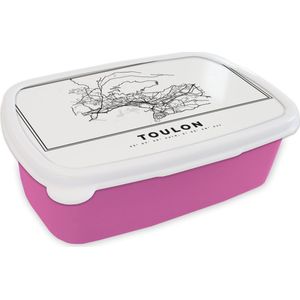 Broodtrommel Roze - Lunchbox - Brooddoos - Kaart – Toulon - Zwart Wit – Plattegrond – Stadskaart - 18x12x6 cm - Kinderen - Meisje