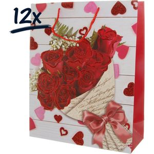 12x Stevige draagtassen LOVE Valentijn Moederdag Bloemen Rozen (26x23x12)cm zak cadeautasje gift bag verpakking