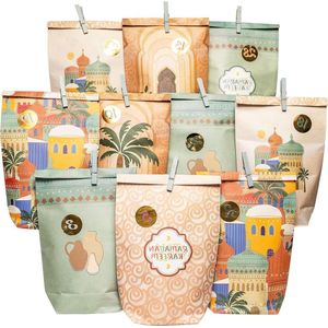 Doe-het-zelf Ramadan kalender om te vullen - Kraftpapieren bedrukte zakjes - Saliegroen - Eid Mubarak - Set van 6