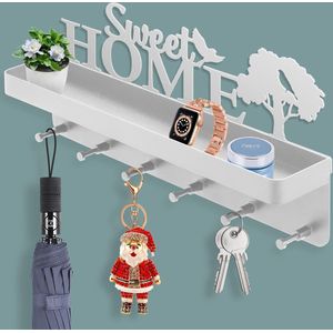 Sleutelhouder met plank, Home Sweet sleutelhouder, wit, zelfklevend sleutelbord, 6 haken, decoratieve sleutelhouder, hanger, woondecoratie voor entree, hal, kantooroctrooi