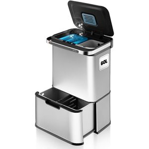 Hom&Com Prullenbak 3 Vakken 60L Grijs – Automatische Afvalbak met Sensor – Soft-Close Deksel, Ozonfunctie & Geurfilter voor Afvalscheiding