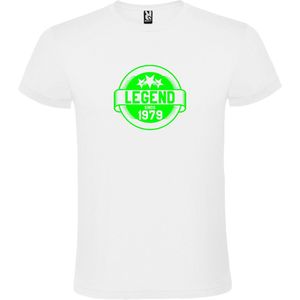 Wit T-Shirt met “Legend sinds 1979 “ Afbeelding Neon Groen Size M