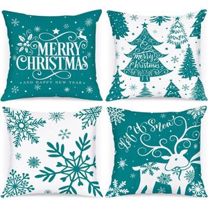 Pack of 4 White and Teal Cushion Covers Christmas Cushion Cover 45 x 45 cm, Winter Snowflakes Decorative Christmas Cushions for Christmas Decoration Christmas Bed Linen Sofa Decorations (Teal)