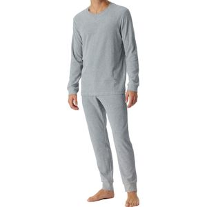 SCHIESSER Warming Nightwear pyjamaset - heren pyjama lang velours boorden gestreept grijs-melange - Maat: XL
