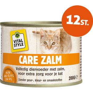 VITALstyle Care Met Zalm - Natvoer - Gevarieerde Voeding Voor Een Levenslustige Kat - Met o.a. Catnip & Peterselie - 200 g - 12 stuks