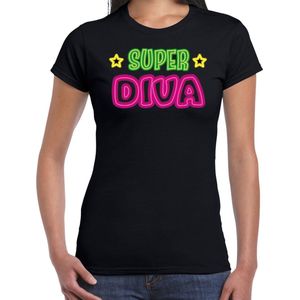 Bellatio Decorations verkleed t-shirt dames - Super diva - zwart - neon letters - carnaval S