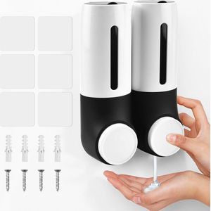 Zeepdispenser, dubbelkop, desinfectiedispenser, wandbevestiging, shampoodispenser, vloeibare zeepdispenser zonder boren, douchegeldispenser, zwart, handmatige zeepdispenser voor toiletten, keukens,