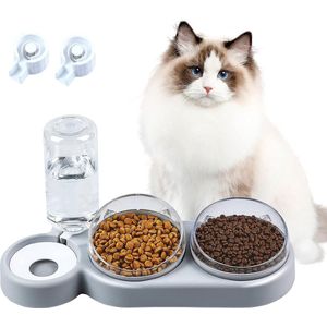 Voerbak voor katten, 3-in-1 voerbak, voerbak voor katten met standaard 15 ° gekanteld, afneembare voerbak voor katten en honden, anti-morsen en verstelbaar, voerbak voor katten en puppy's, drinkbak (grijs)