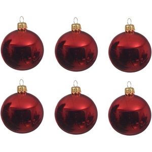 Decoris Kerstballen set - 12x stuks - rood - glas - 6 cm - glans - kerstversiering - gouden ophanglintje