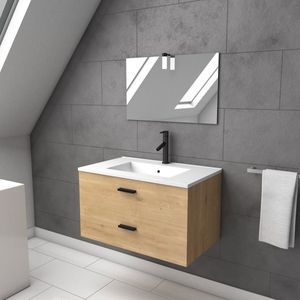 Aurlane hangend badkamermeubel in houtafwerking 80 cm- soft close lades - wastafel en spiegel - BOX-IN 80 PLUS BROWN